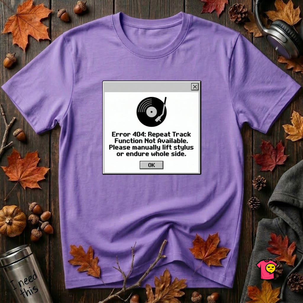 Error 404: Vinyl Record sarcastic graphic t-shirt in Heather Team Purple by Snarky Sarks
