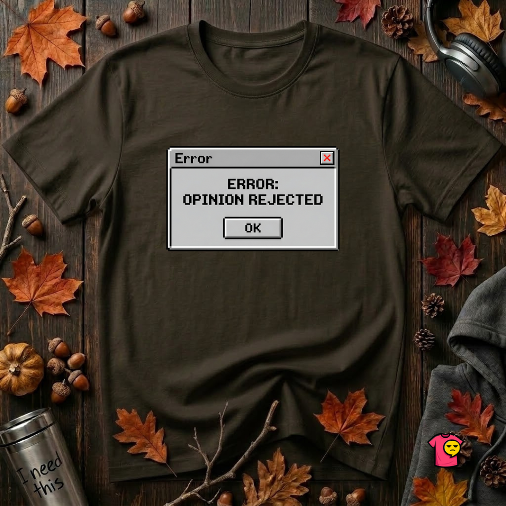 Error: Opinion Rejected sarcastic graphic t-shirt in Black by Snarky Sarks