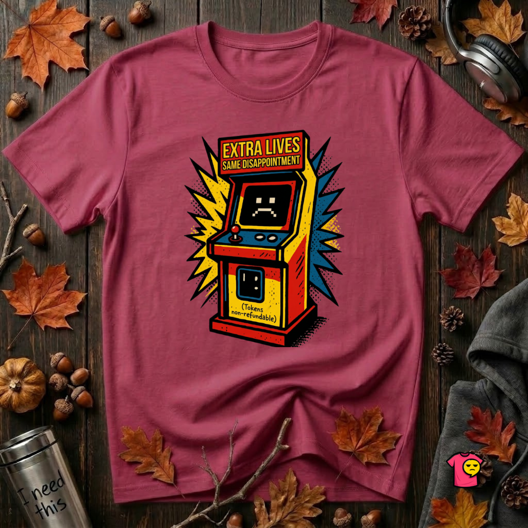 Extra Lives. Same Disappointment sarcastic gaming graphic t-shirt in Cardinal by Snarky Sarks