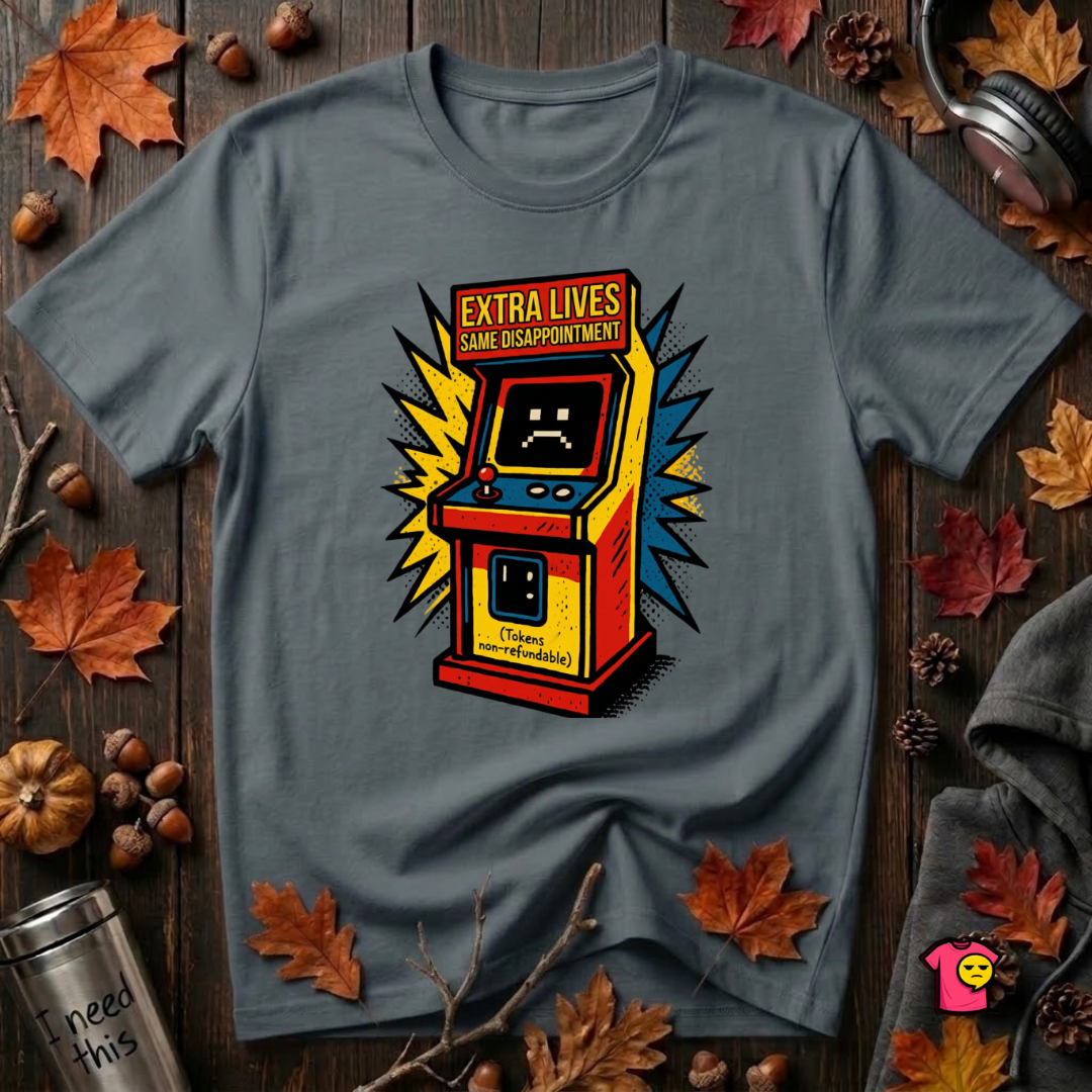 Extra Lives. Same Disappointment sarcastic gaming graphic t-shirt in Dark Gray by Snarky Sarks
