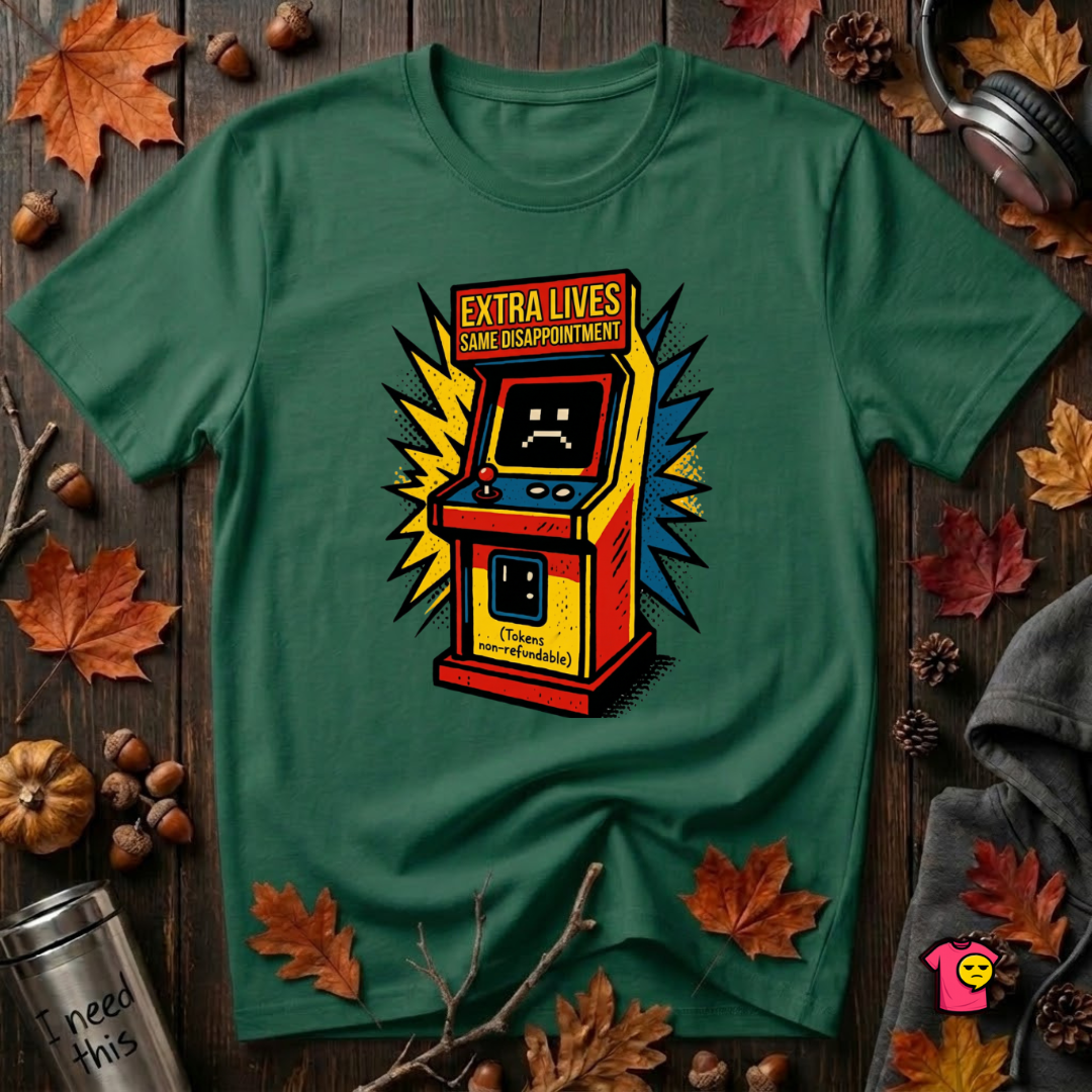 Extra Lives. Same Disappointment sarcastic gaming graphic t-shirt in Evergreen by Snarky Sarks