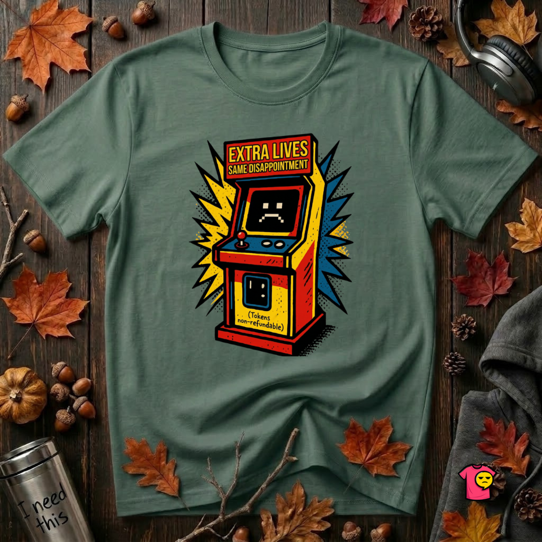 Extra Lives. Same Disappointment sarcastic gaming graphic t-shirt in Heather Forest by Snarky Sarks