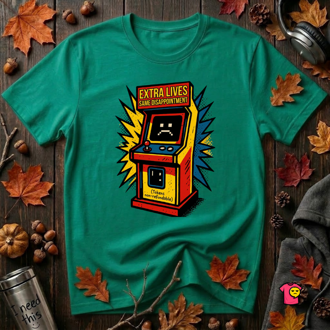 Extra Lives. Same Disappointment sarcastic gaming graphic t-shirt in Heather Kelly by Snarky Sarks