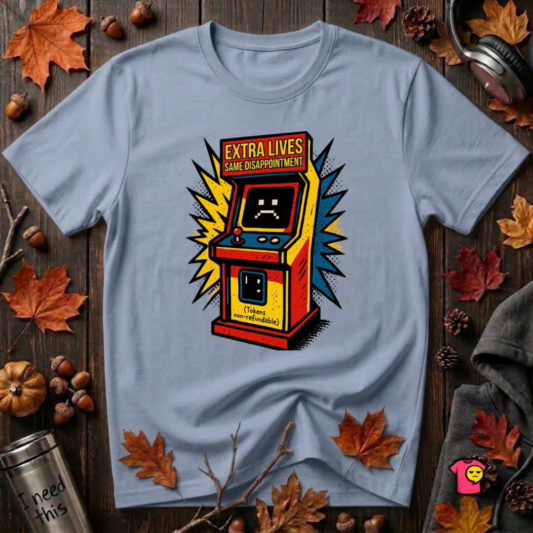 Extra Lives. Same Disappointment sarcastic gaming graphic t-shirt in Heather Prism Blue by Snarky Sarks