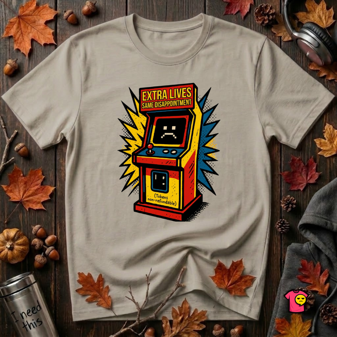 Extra Lives. Same Disappointment sarcastic gaming graphic t-shirt in Heather Stone by Snarky Sarks