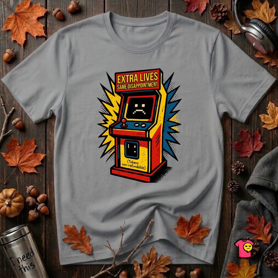 Extra Lives. Same Disappointment sarcastic gaming graphic t-shirt in Heather Storm by Snarky Sarks