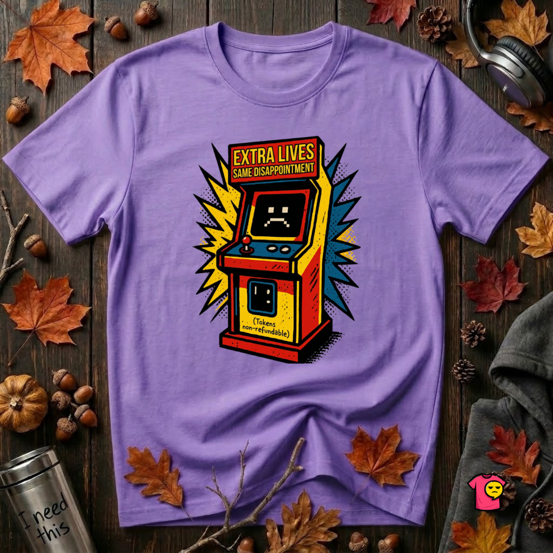 Extra Lives. Same Disappointment sarcastic gaming graphic t-shirt in Heather Team Purple by Snarky Sarks
