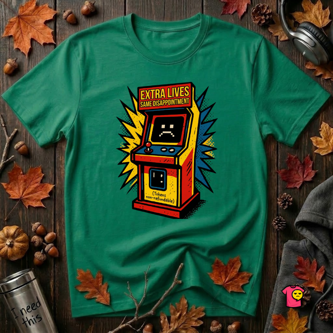 Extra Lives. Same Disappointment sarcastic gaming graphic t-shirt in Kelly by Snarky Sarks