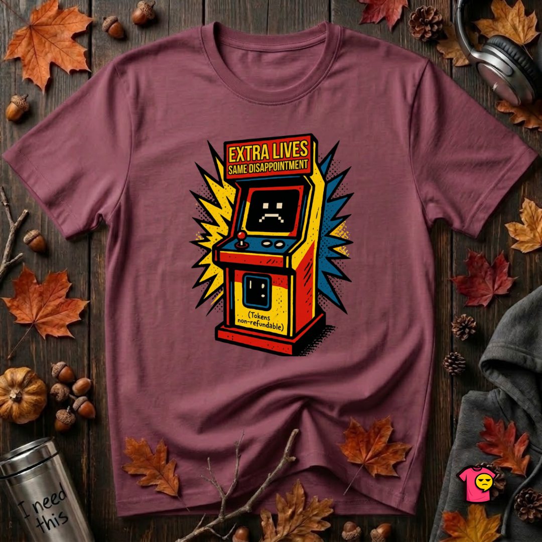 Extra Lives. Same Disappointment sarcastic gaming graphic t-shirt in Maroon by Snarky Sarks