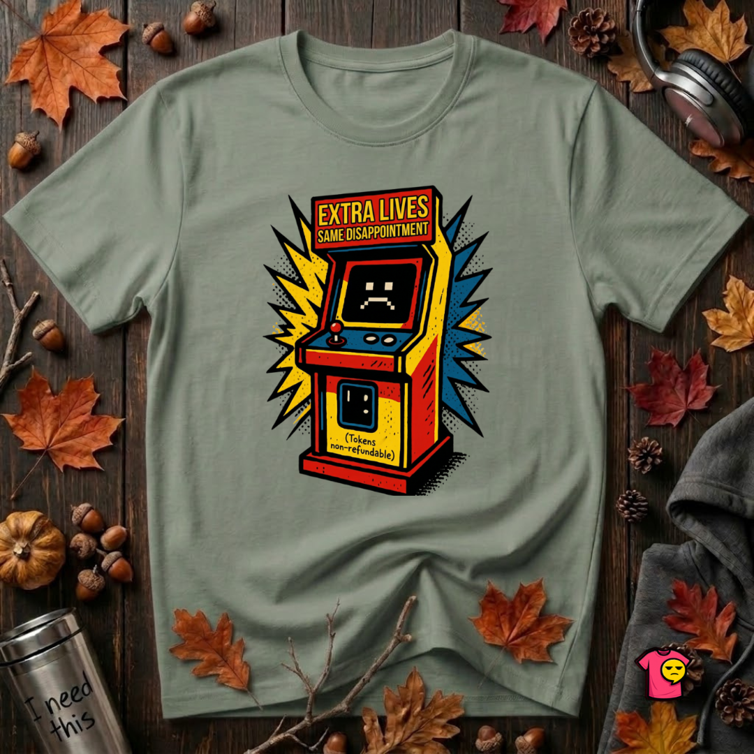 Extra Lives. Same Disappointment sarcastic gaming graphic t-shirt in Military Green by Snarky Sarks