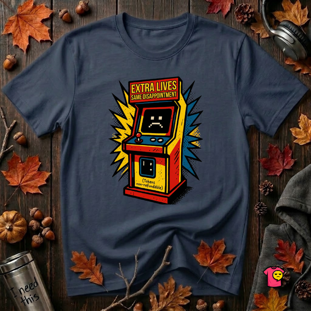 Extra Lives. Same Disappointment sarcastic gaming graphic t-shirt in Navy by Snarky Sarks