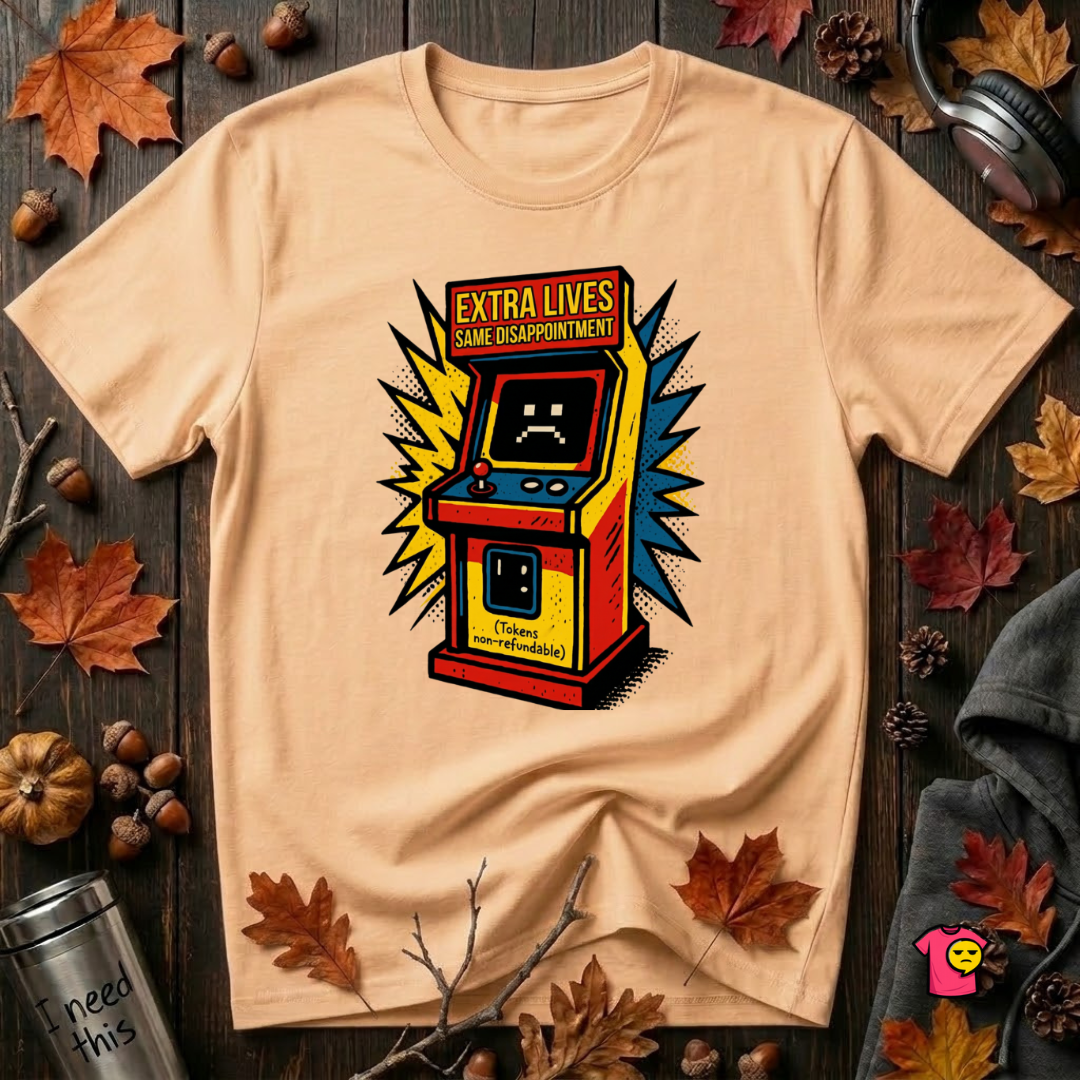 Extra Lives. Same Disappointment sarcastic gaming graphic t-shirt in Peach by Snarky Sarks