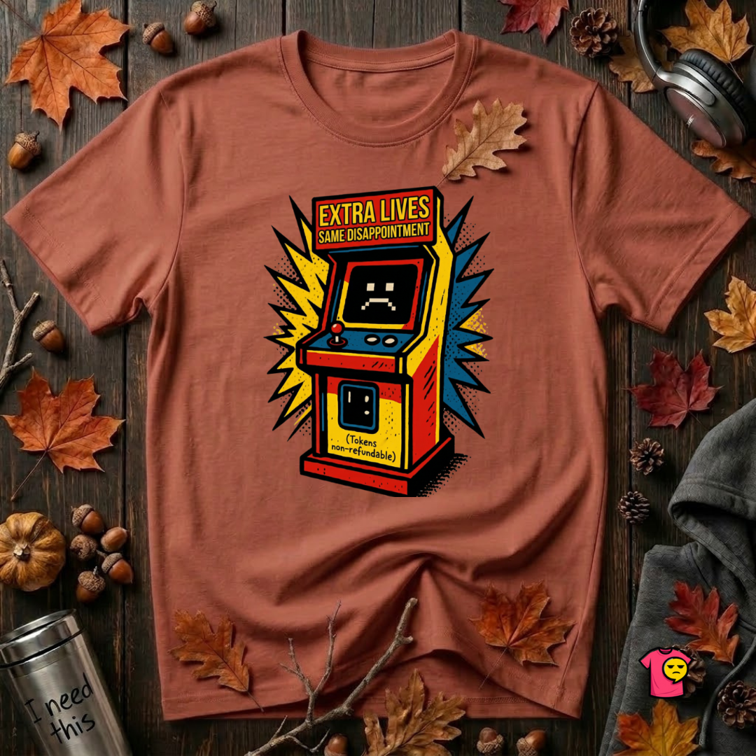 Extra Lives. Same Disappointment sarcastic gaming graphic t-shirt in Rust by Snarky Sarks