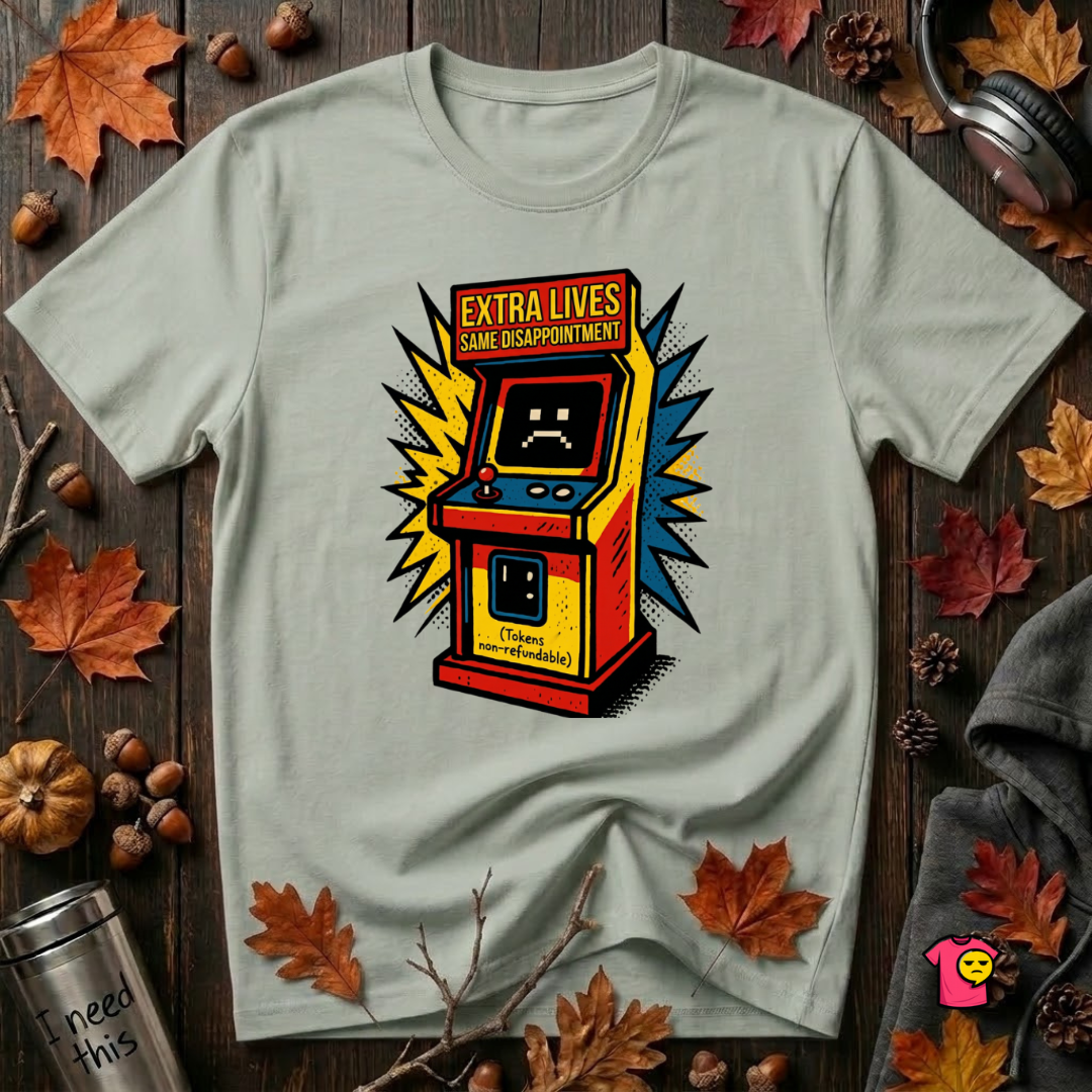 Extra Lives. Same Disappointment sarcastic gaming graphic t-shirt in Sage by Snarky Sarks