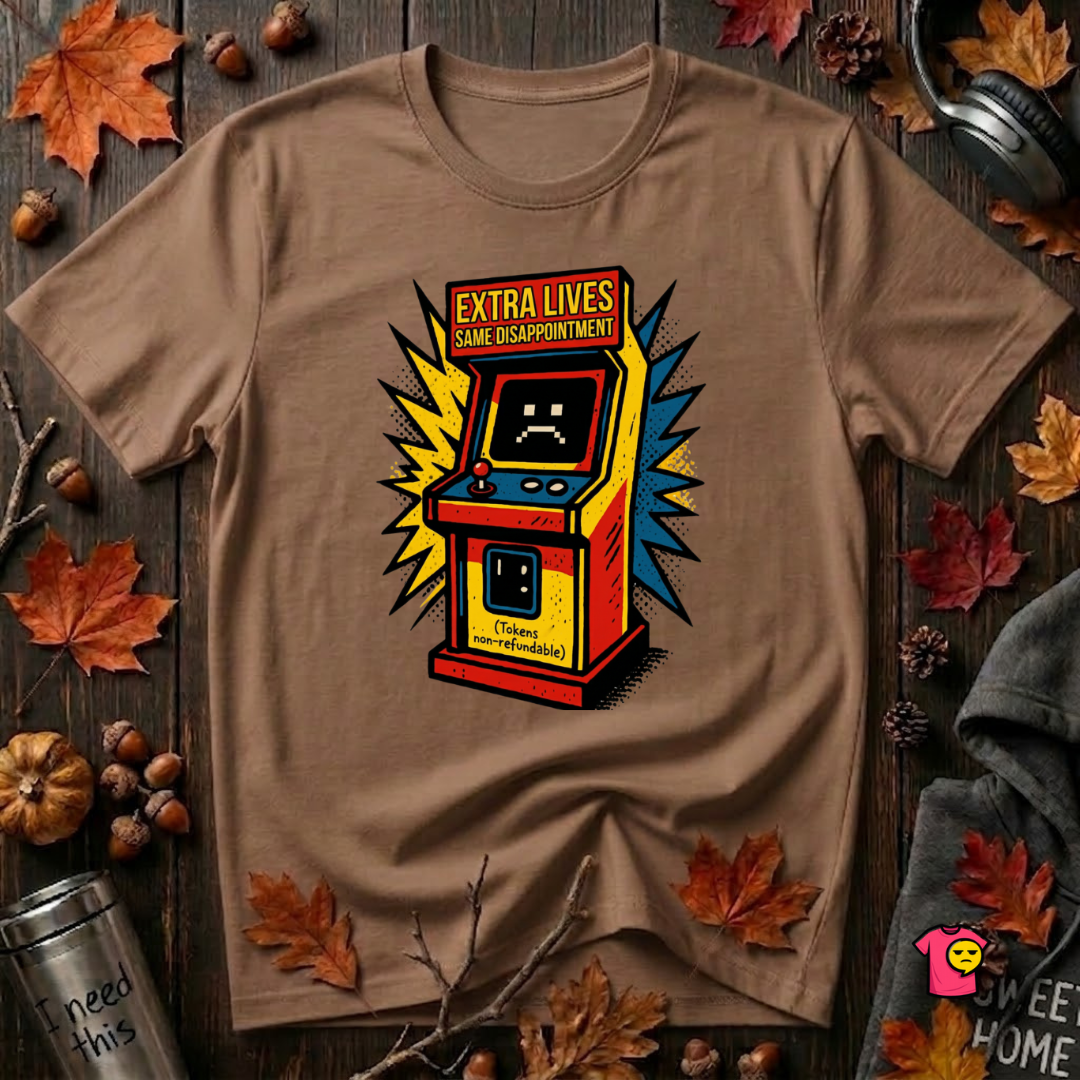 Extra Lives. Same Disappointment sarcastic gaming graphic t-shirt in Sand Dune by Snarky Sarks