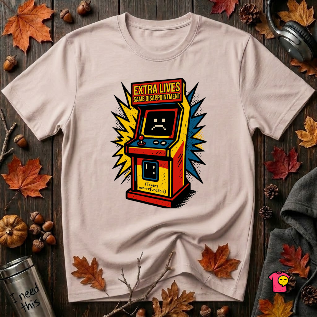 Extra Lives. Same Disappointment sarcastic gaming graphic t-shirt in Soft Pink by Snarky Sarks