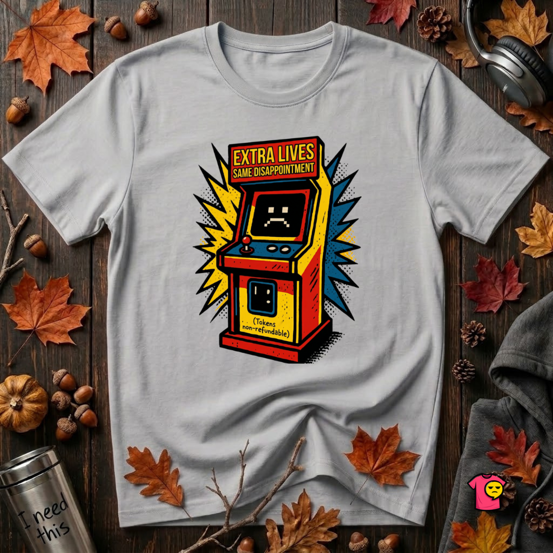 Extra Lives. Same Disappointment sarcastic gaming graphic t-shirt in Solid Athletic Gray by Snarky Sarks