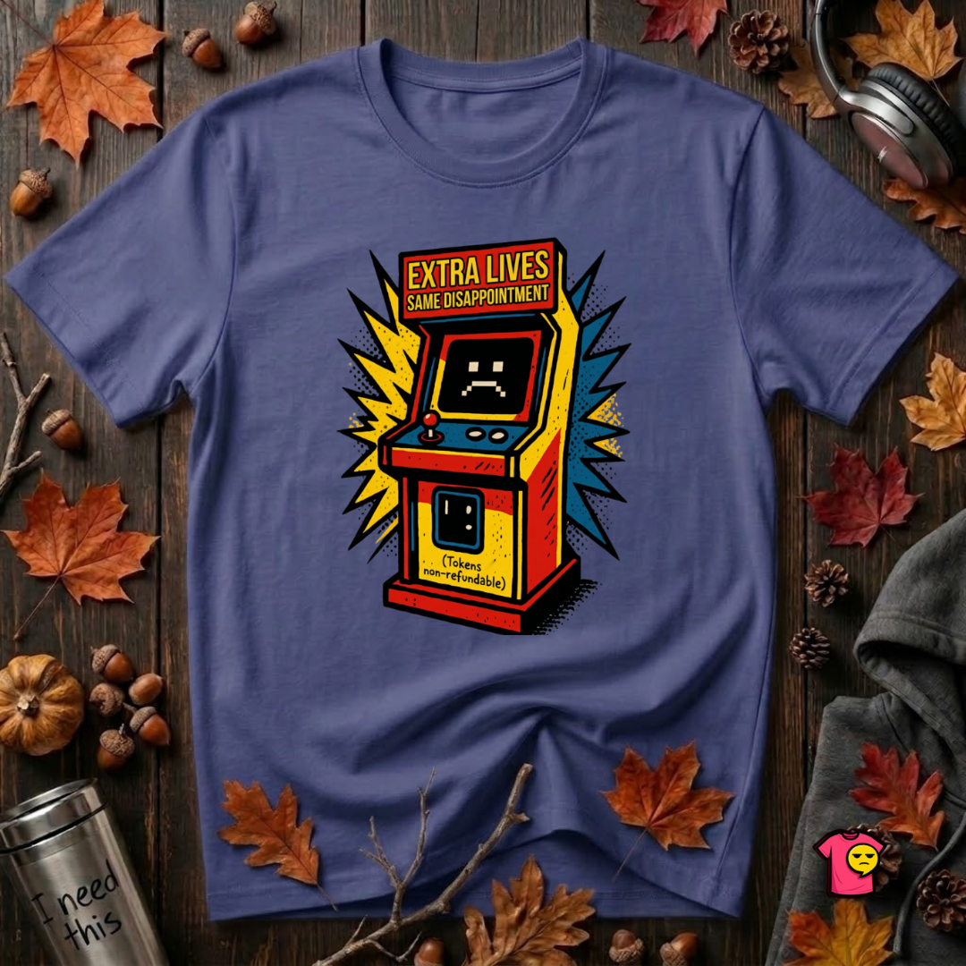 Extra Lives. Same Disappointment sarcastic gaming graphic t-shirt in Team Navy by Snarky Sarks