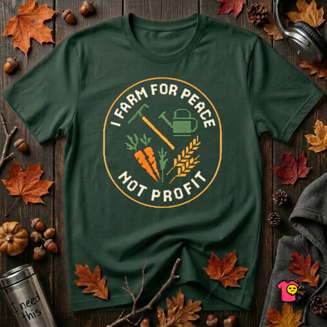 Farm for Peace Not Profit sarcastic graphic t-shirt in Forest by Snarky Sarks