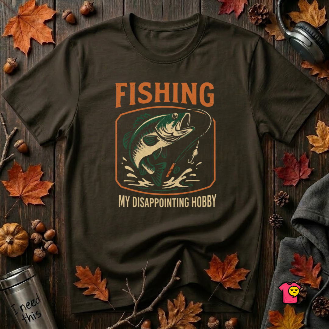 Fishing -- My Disappointing Hobby sarcastic graphic t-shirt in Black by Snarky Sarks