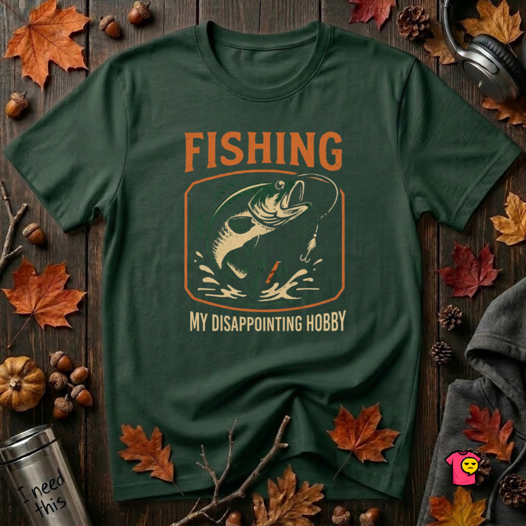 Fishing -- My Disappointing Hobby sarcastic graphic t-shirt in Forest by Snarky Sarks