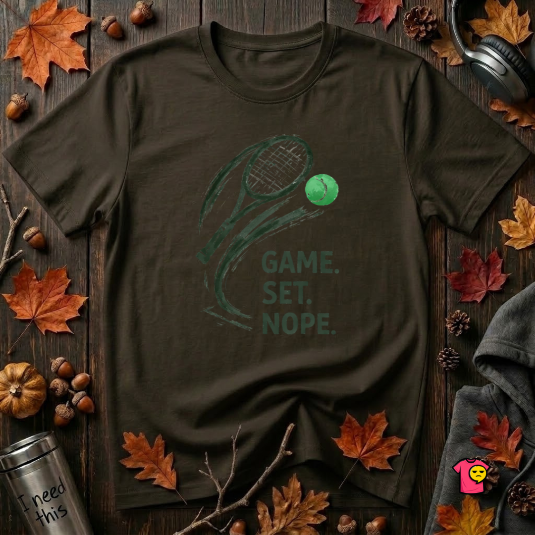 Game. Set. Nope. sarcastic tennis graphic t-shirt in Black by Snarky Sarks