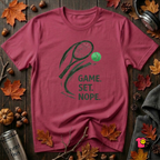 Game. Set. Nope. sarcastic tennis graphic t-shirt in Cardinal by Snarky Sarks