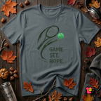 Game. Set. Nope. sarcastic tennis graphic t-shirt in Dark Gray by Snarky Sarks