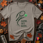 Game. Set. Nope. sarcastic tennis graphic t-shirt in Deep Heather by Snarky Sarks