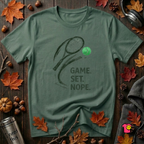 Game. Set. Nope. sarcastic tennis graphic t-shirt in Heather Forest by Snarky Sarks