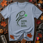 Game. Set. Nope. sarcastic tennis graphic t-shirt in Heather Prism Blue by Snarky Sarks