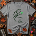 Game. Set. Nope. sarcastic tennis graphic t-shirt in Heather Storm by Snarky Sarks