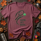 Game. Set. Nope. sarcastic tennis graphic t-shirt in Maroon by Snarky Sarks