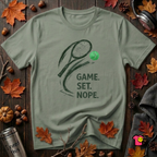 Game. Set. Nope. sarcastic tennis graphic t-shirt in Military Green by Snarky Sarks