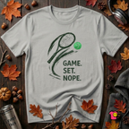 Game. Set. Nope. sarcastic tennis graphic t-shirt in Silver by Snarky Sarks