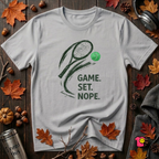 Game. Set. Nope. sarcastic tennis graphic t-shirt in Solid Athletic Gray by Snarky Sarks