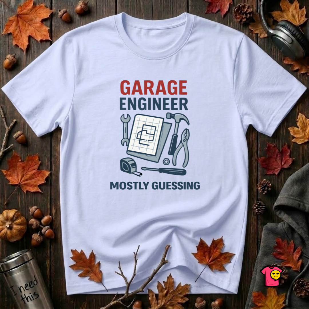 Garage Engineer -- Mostly Guessing sarcastic graphic t-shirt in Ash by Snarky Sarks