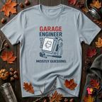 Garage Engineer -- Mostly Guessing sarcastic graphic t-shirt in Blue by Snarky Sarks