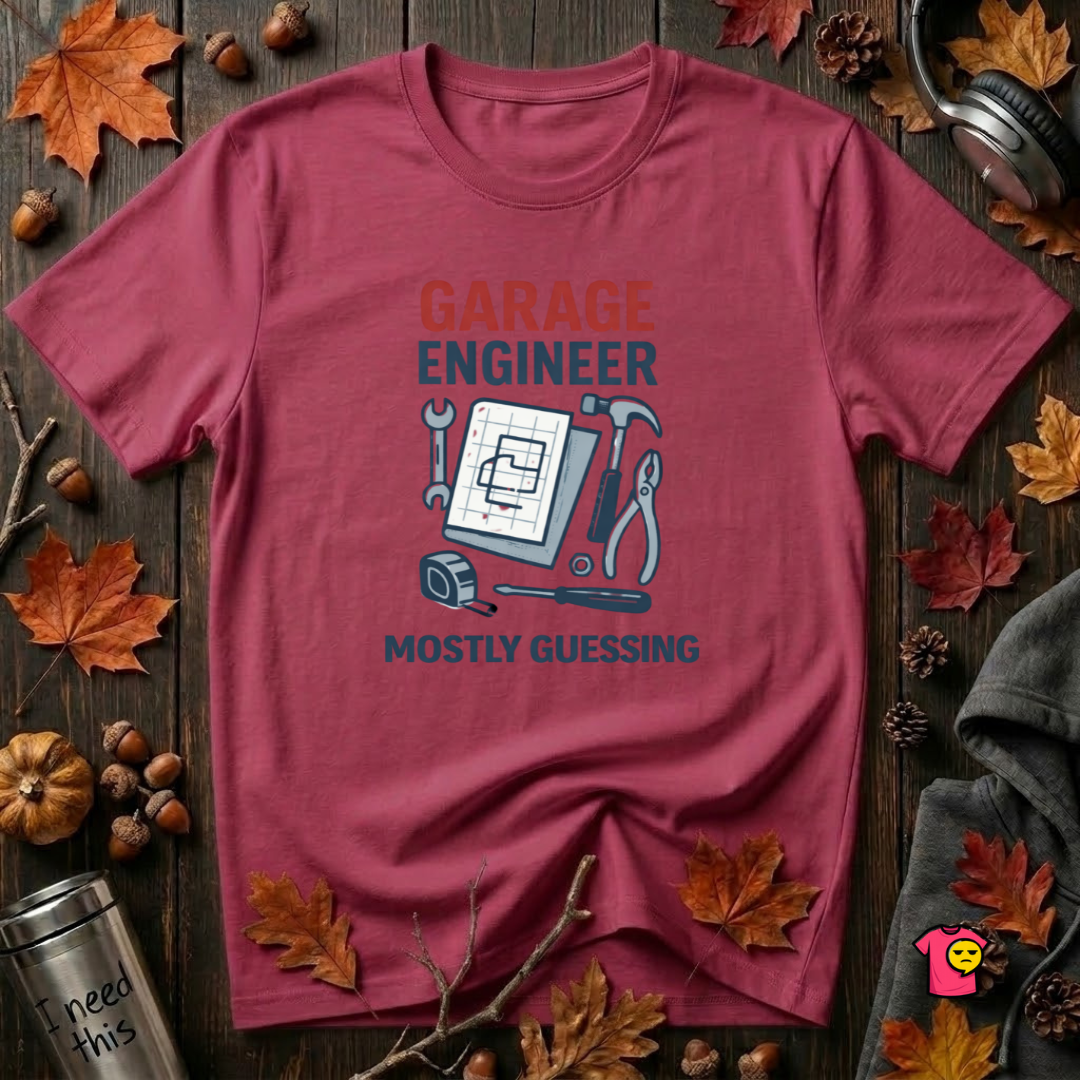 Garage Engineer -- Mostly Guessing sarcastic graphic t-shirt in Cardinal by Snarky Sarks