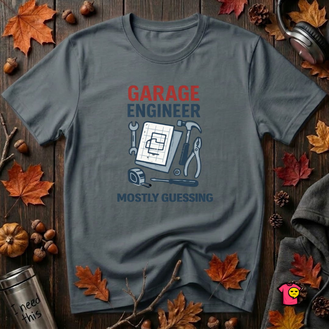 Garage Engineer -- Mostly Guessing sarcastic graphic t-shirt in Dark Gray by Snarky Sarks