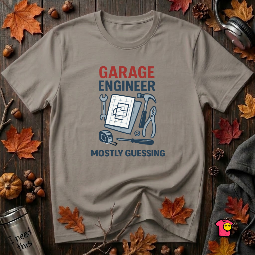 Garage Engineer -- Mostly Guessing sarcastic graphic t-shirt in Deep Heather by Snarky Sarks