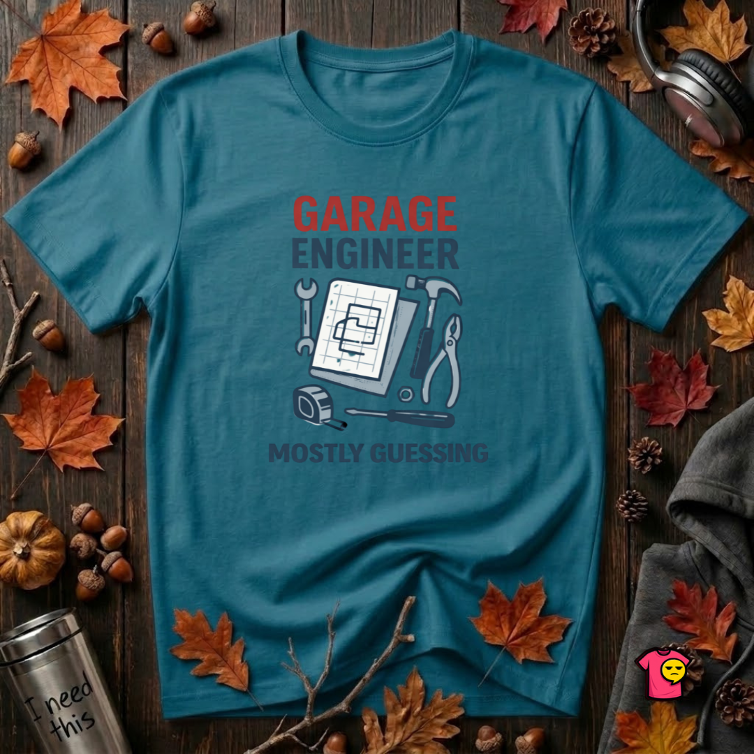 Garage Engineer -- Mostly Guessing sarcastic graphic t-shirt in Deep Teal by Snarky Sarks