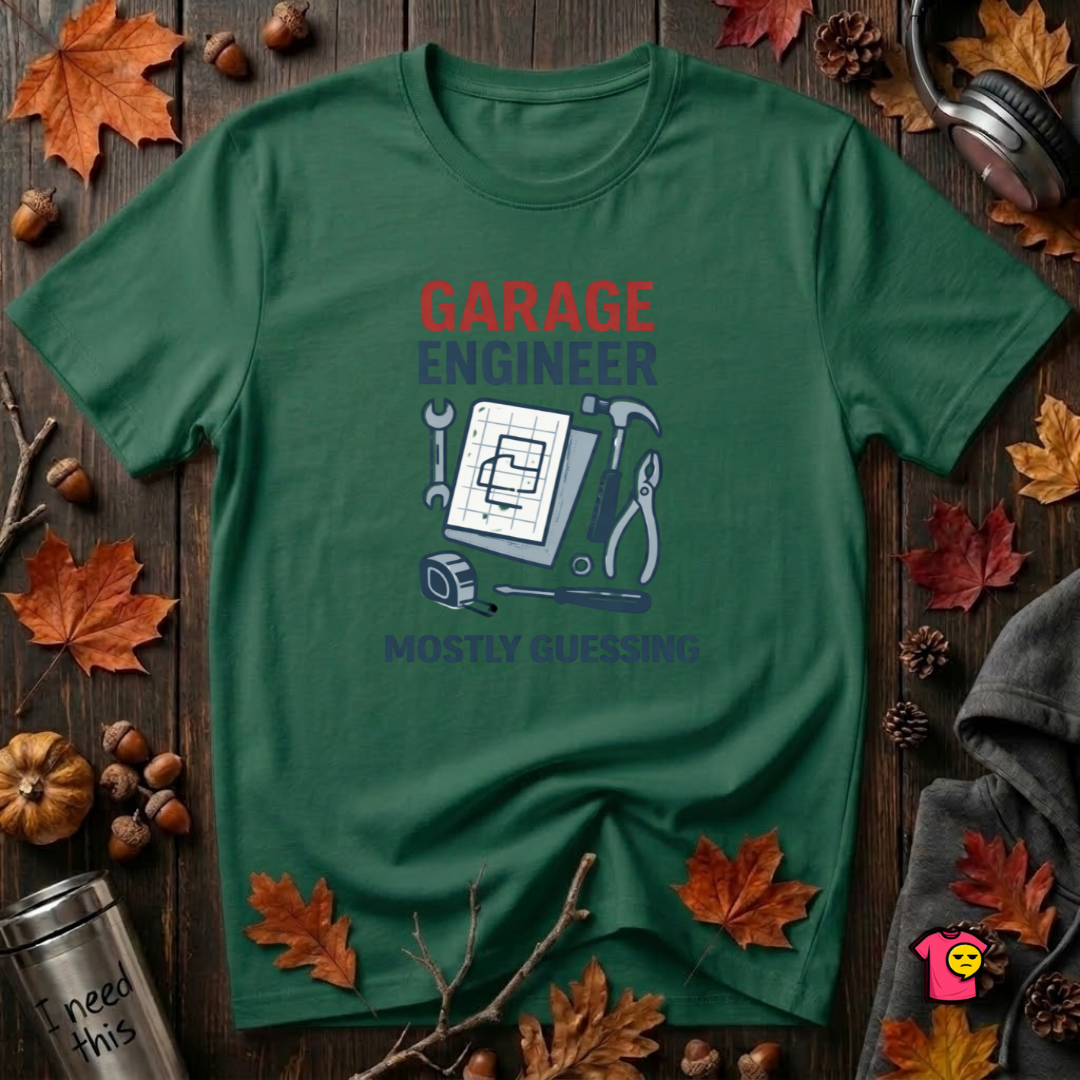 Garage Engineer -- Mostly Guessing sarcastic graphic t-shirt in Evergreen by Snarky Sarks