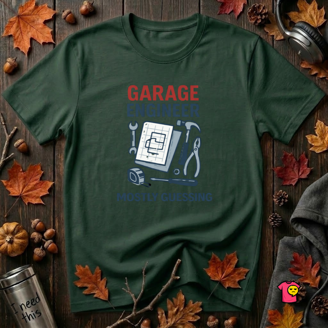Garage Engineer -- Mostly Guessing sarcastic graphic t-shirt in Forest by Snarky Sarks