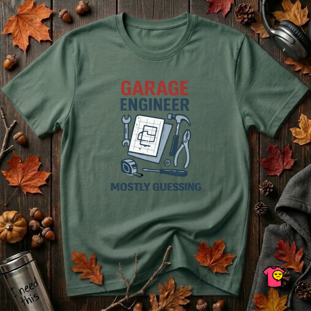 Garage Engineer -- Mostly Guessing sarcastic graphic t-shirt in Heather Forest by Snarky Sarks