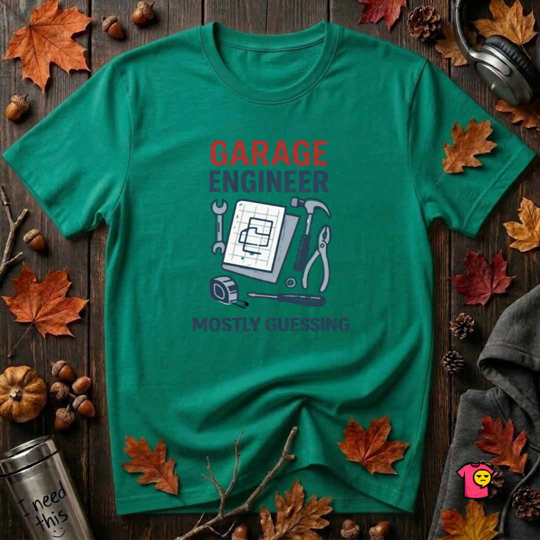 Garage Engineer -- Mostly Guessing sarcastic graphic t-shirt in Heather Kelly by Snarky Sarks