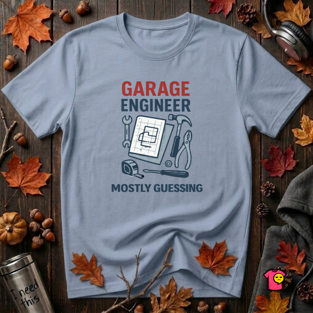 Garage Engineer -- Mostly Guessing sarcastic graphic t-shirt in Heather Prism Blue by Snarky Sarks