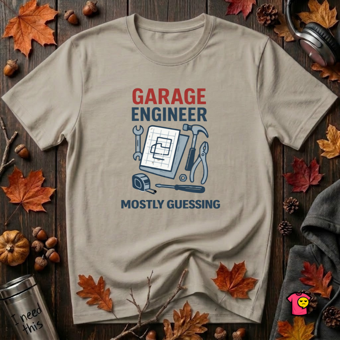 Garage Engineer -- Mostly Guessing sarcastic graphic t-shirt in Heather Stone by Snarky Sarks