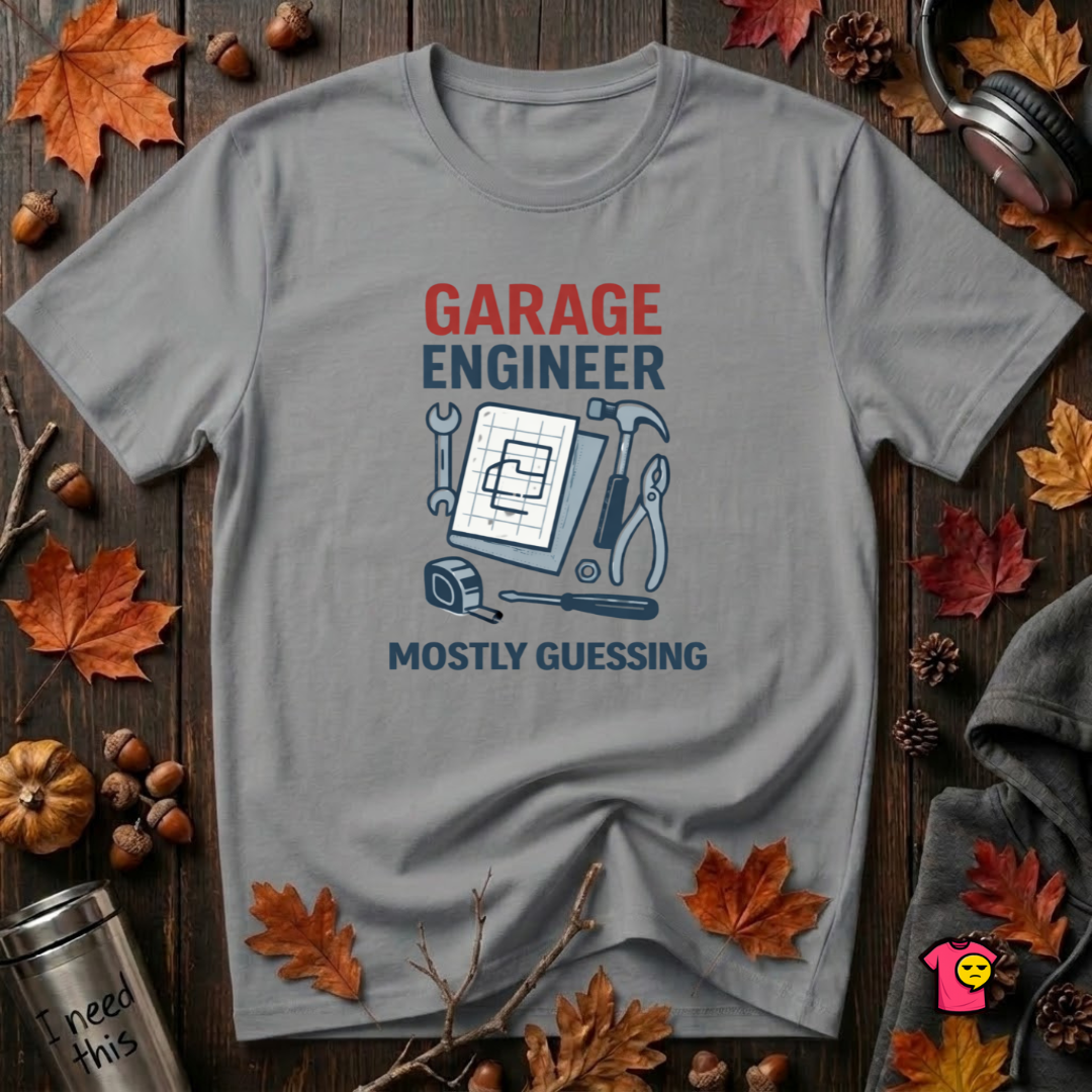 Garage Engineer -- Mostly Guessing sarcastic graphic t-shirt in Heather Storm by Snarky Sarks