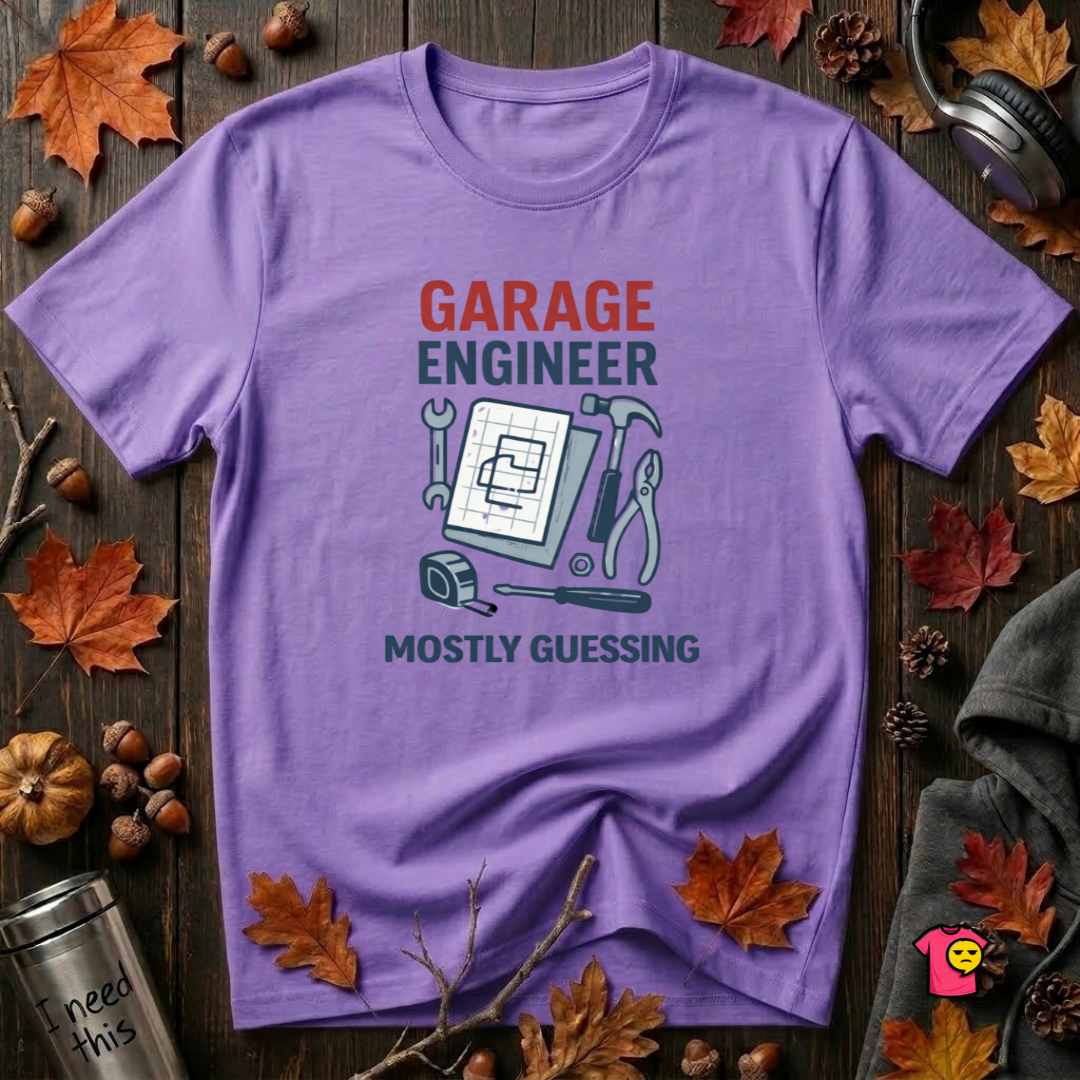 Garage Engineer -- Mostly Guessing sarcastic graphic t-shirt in Heather Team Purple by Snarky Sarks